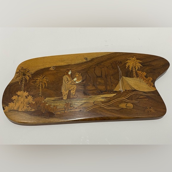 Vintage Wood Plaque Marquetry Inlay Middle East Campsite Tent Camel Palm Trees - Picture 4 of 10